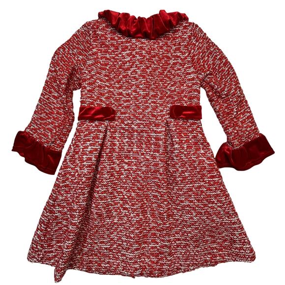 Blueberi Boulevard Tweed Coat Girl 6 Red White Silver Velour Trim Jacket Holiday - Picture 3 of 11